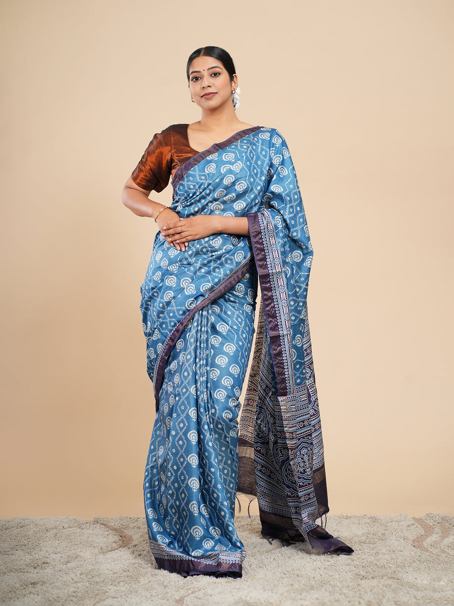 Metallic blue Modal abstract-print saree, full-length drape – Koshnika