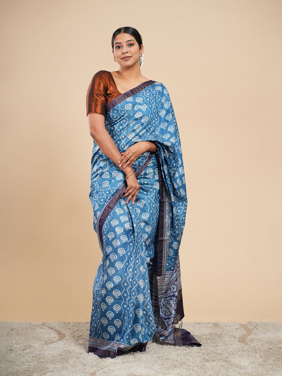 Metallic blue Modal abstract-print saree, pallu detail – Koshnika