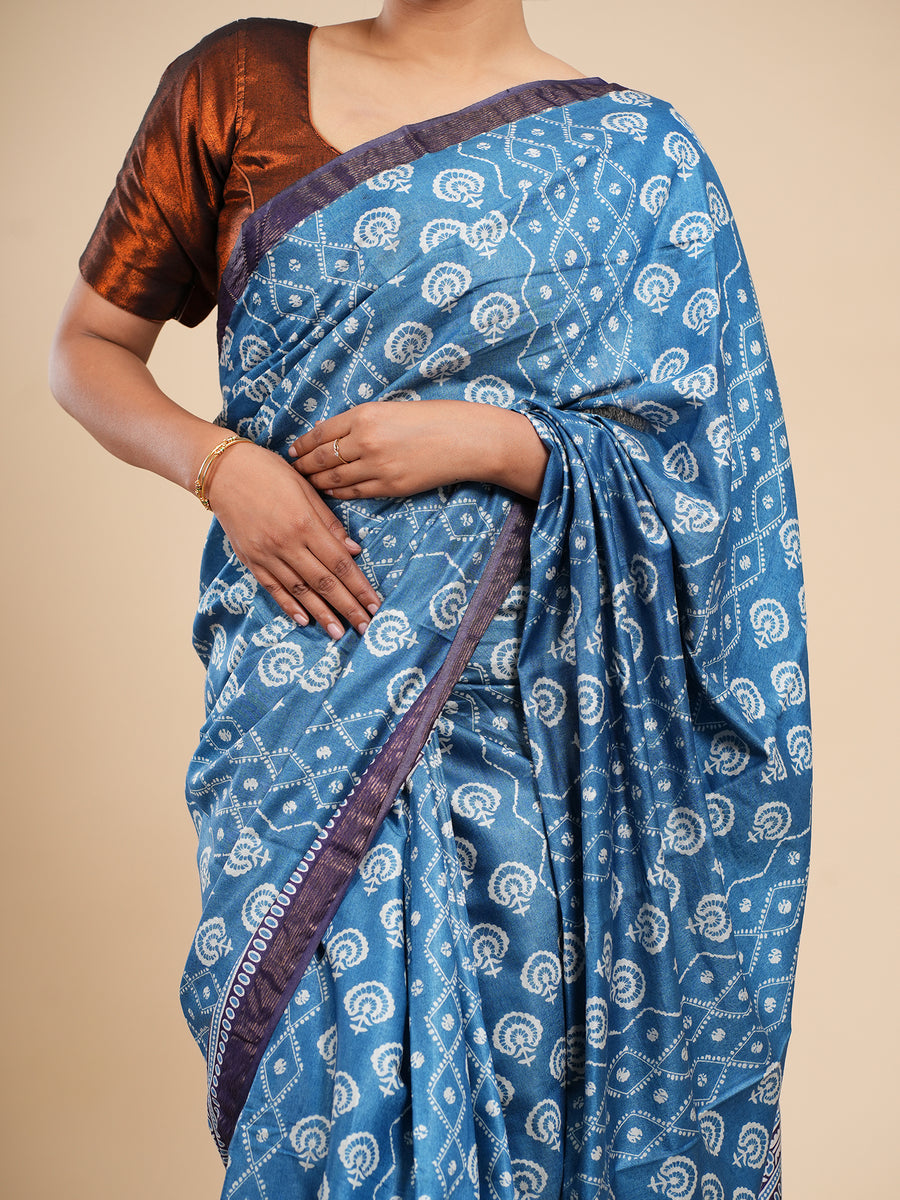 Metallic blue Modal abstract-print saree, fabric texture close-up – Koshnika