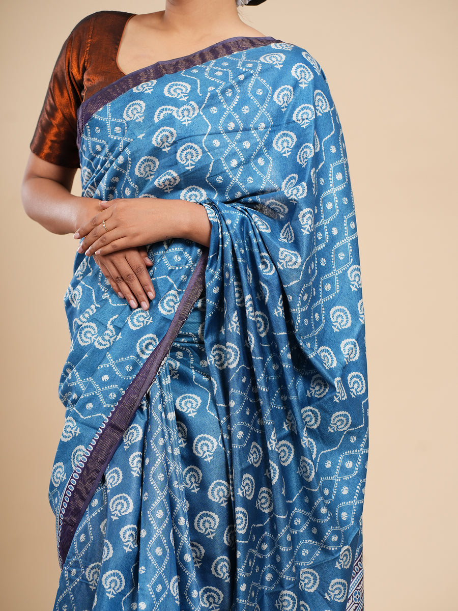 Metallic blue Modal abstract-print saree, styled view – Koshnika