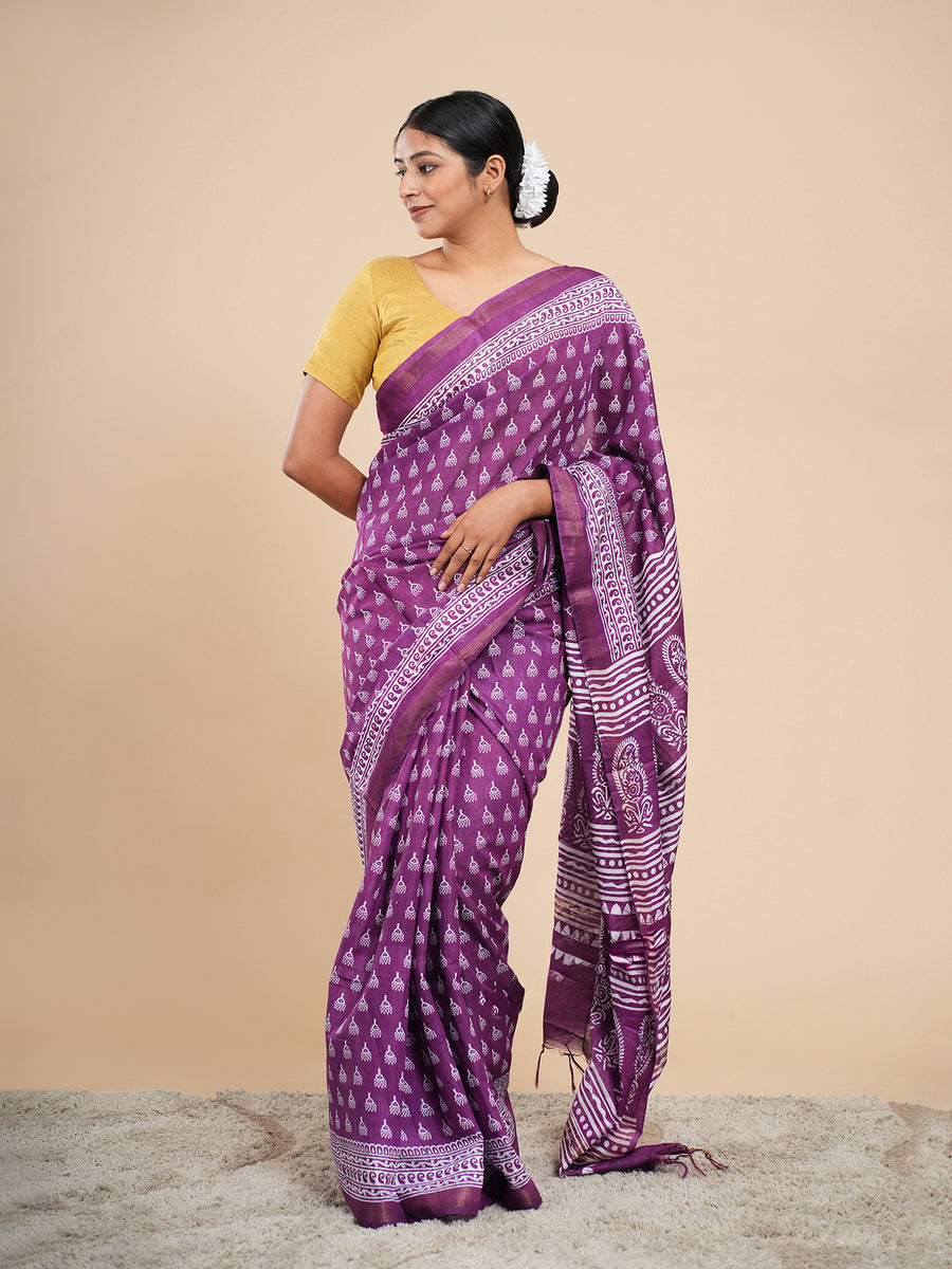 Violet Chanderi buti-print saree – Koshnika