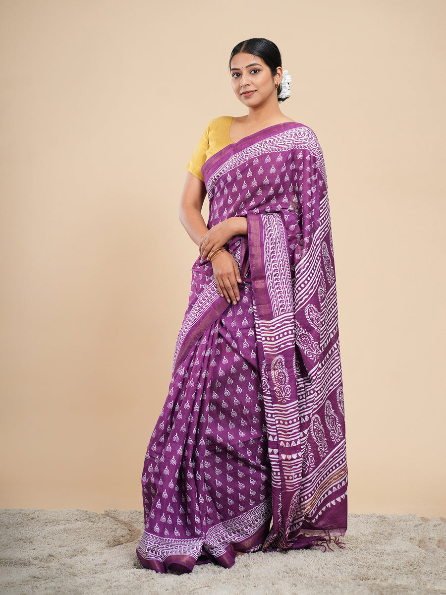 Violet Chanderi buti-print saree, border detail – Koshnika