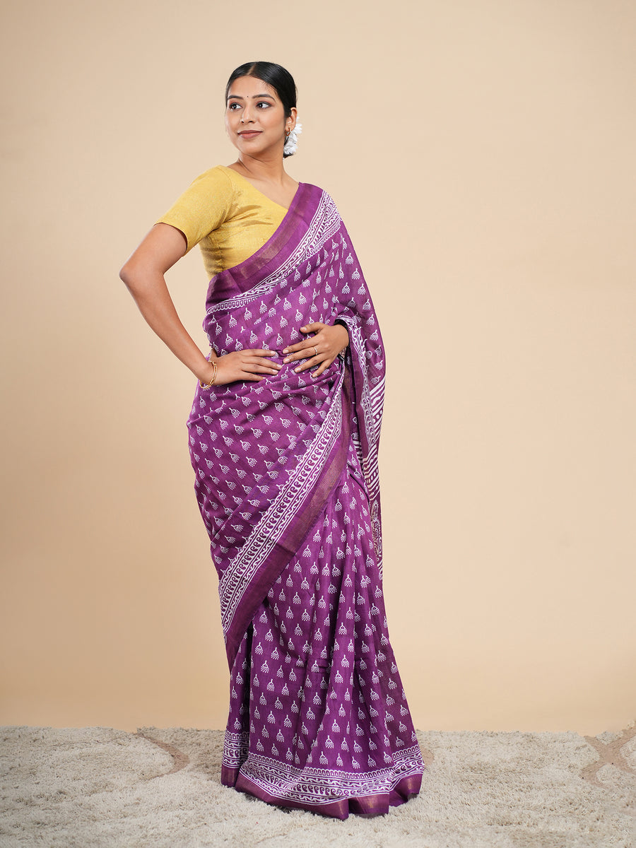 Violet Chanderi buti-print saree, drape and fall – Koshnika