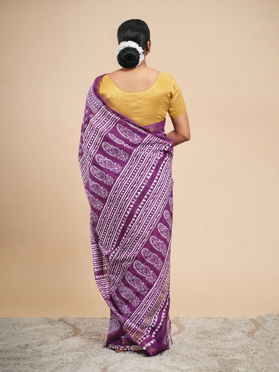 Violet Chanderi buti-print saree, buti motif close-up – Koshnika