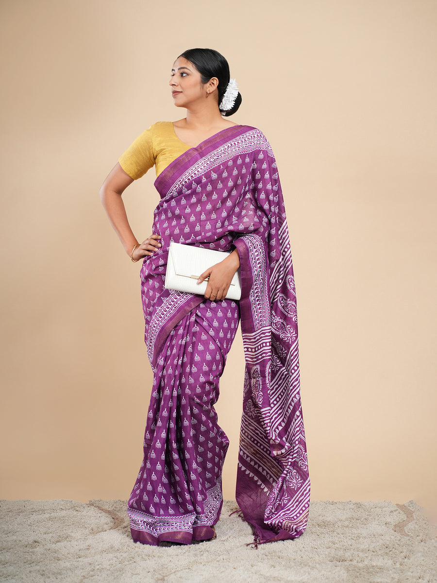 Violet Chanderi buti-print saree, full-length drape – Koshnika