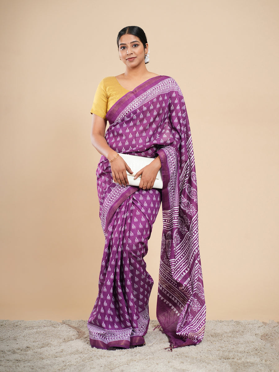 Violet Chanderi buti-print saree, pallu detail – Koshnika