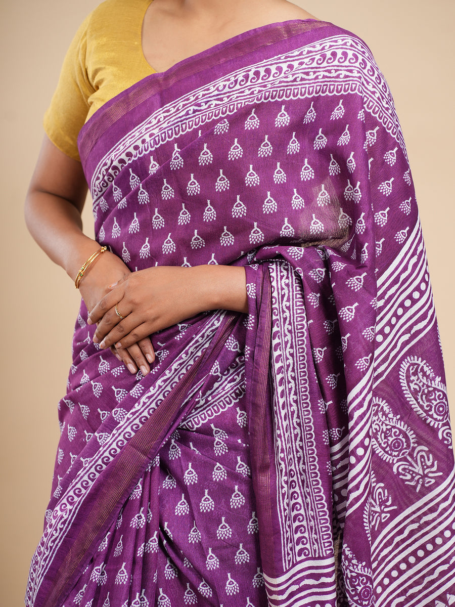 Violet Chanderi buti-print saree, styled view – Koshnika