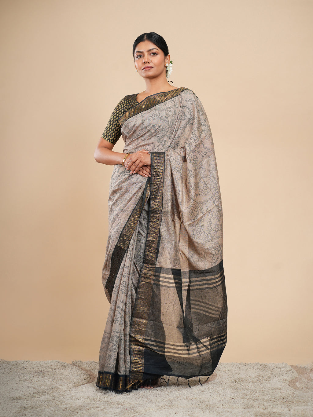 Viscose Pencil Kalamkari Saree Stone Beige