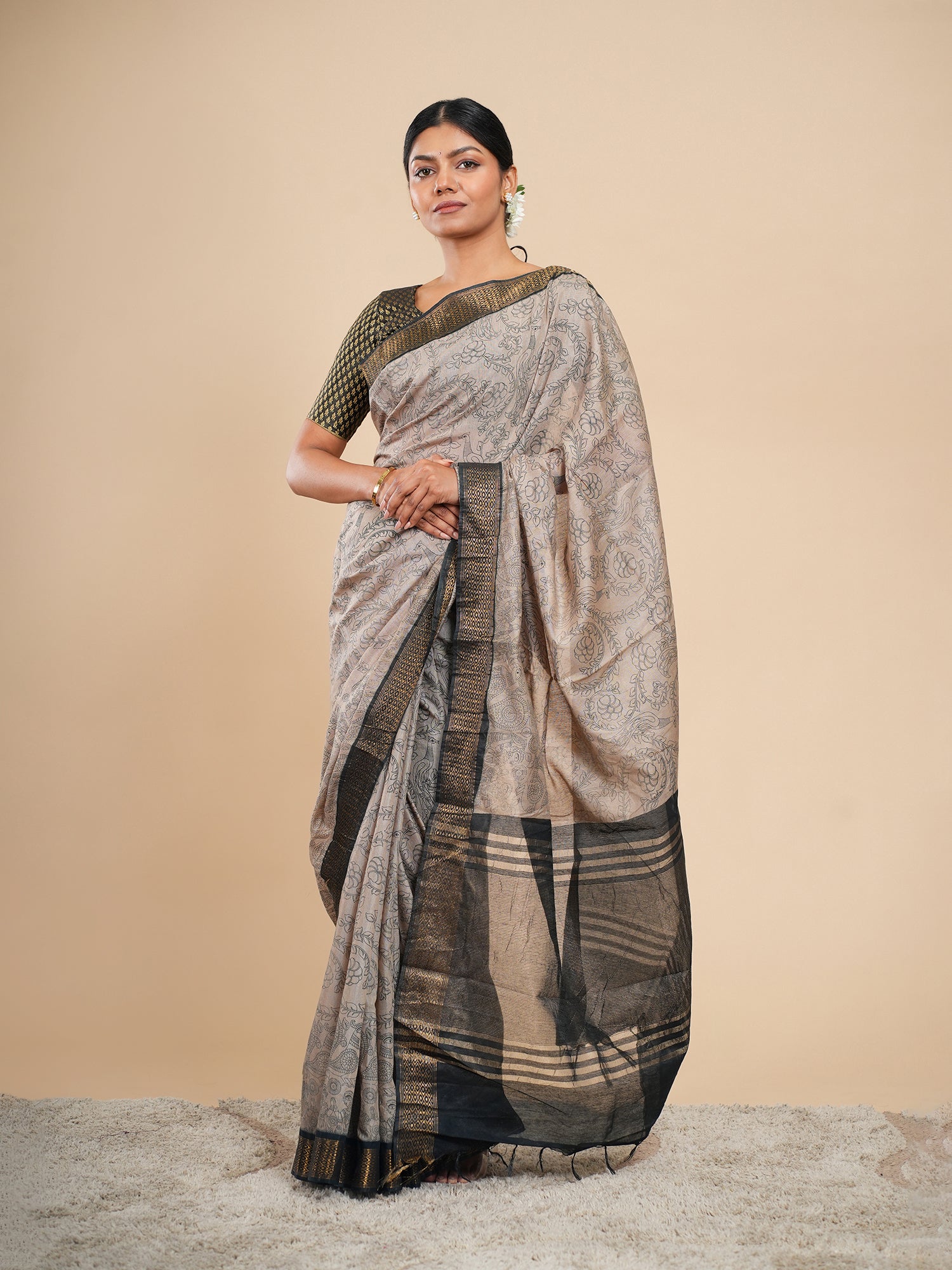 Viscose Pencil Kalamkari Saree Stone Beige