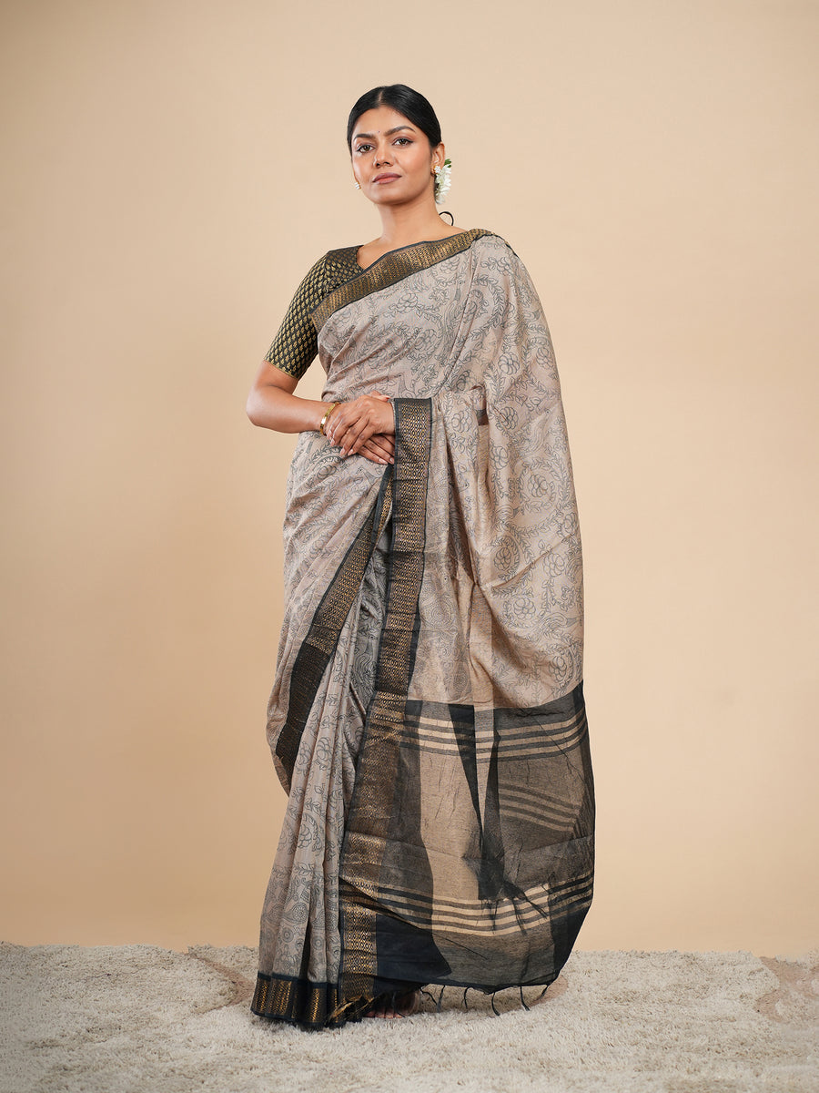 Stone beige Vegan Silk pencil Kalamkari-print saree – Koshnika