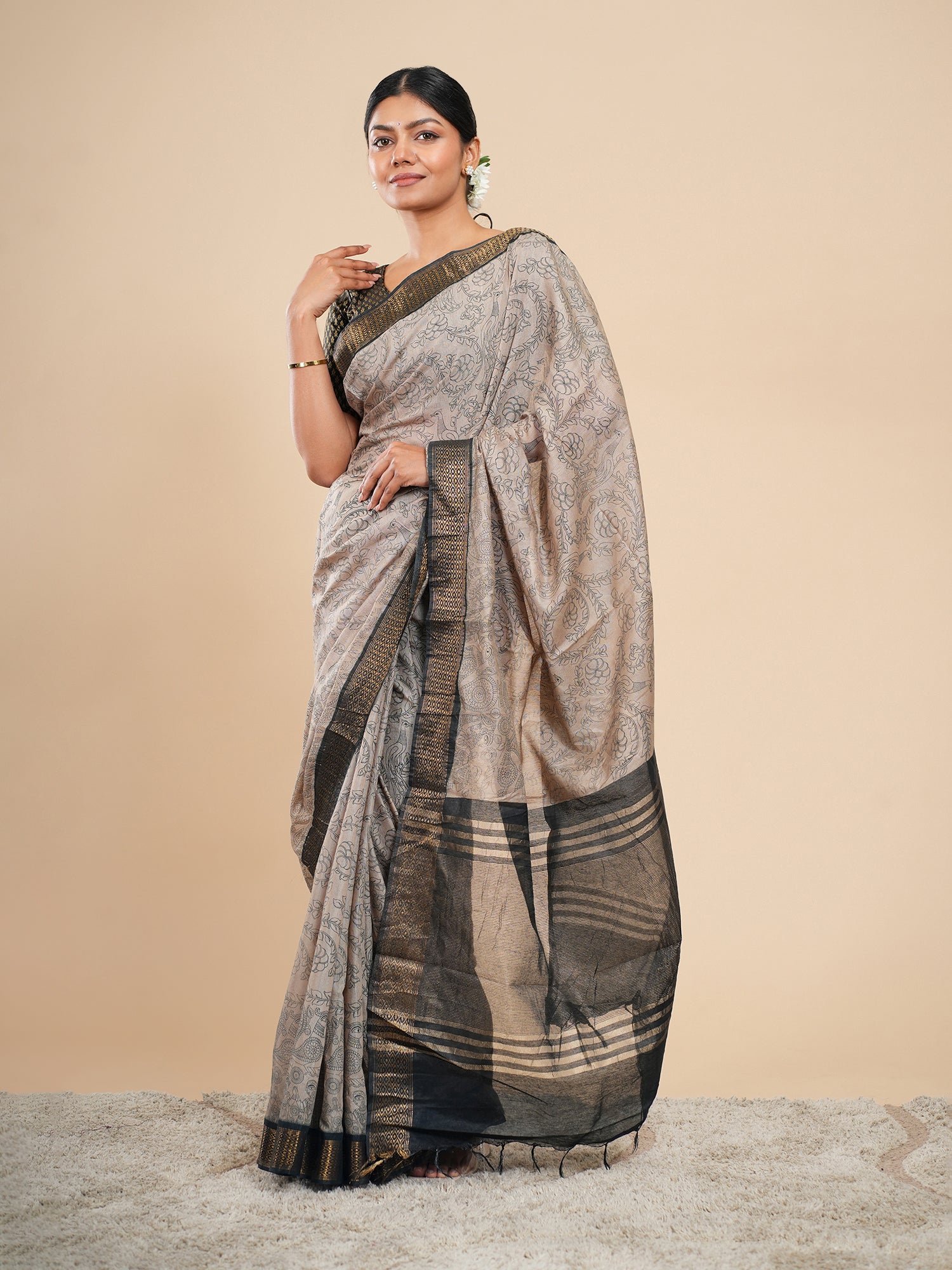 Viscose Pencil Kalamkari Saree Stone Beige