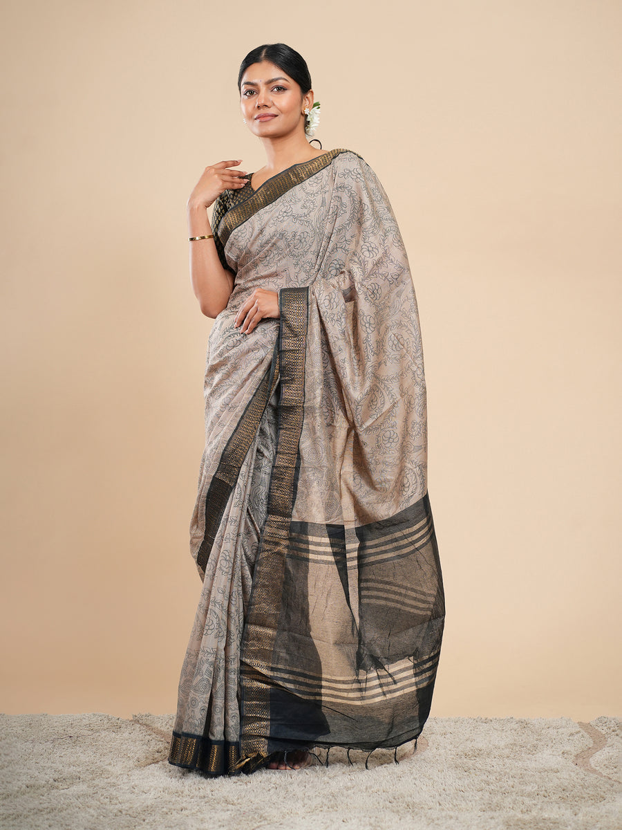 Vegan Silk viscose Kalamkari saree, charcoal border detail – Koshnika