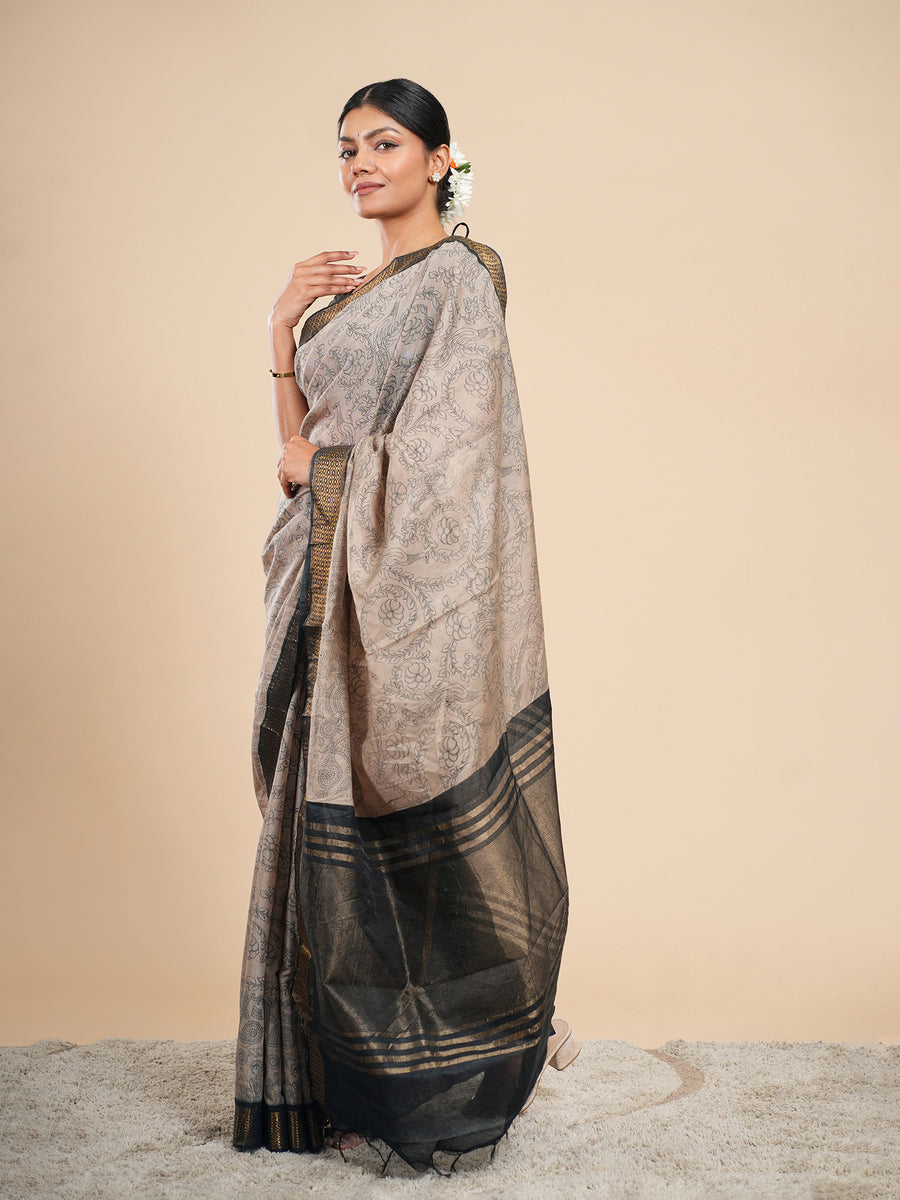 Stone beige Kalamkari saree drape and fall – Koshnika