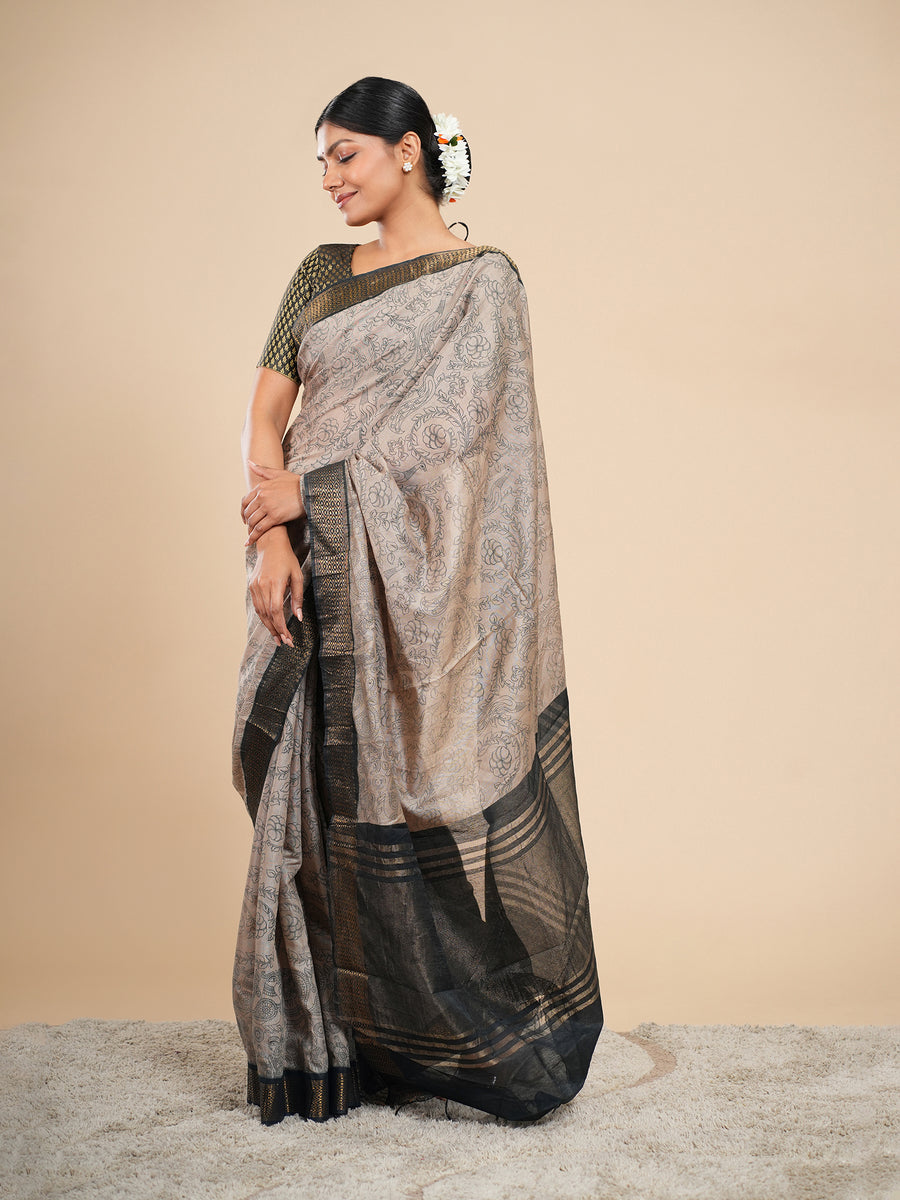 Vegan Silk Kalamkari saree, fine line-art motif close-up – Koshnika