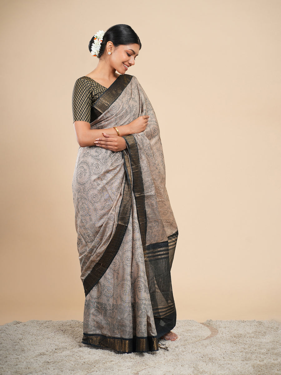 Stone beige Vegan Silk saree full-length drape – Koshnika
