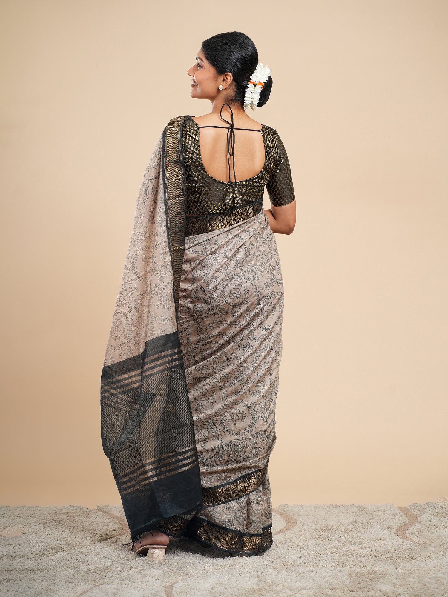 Viscose Pencil Kalamkari Saree Stone Beige