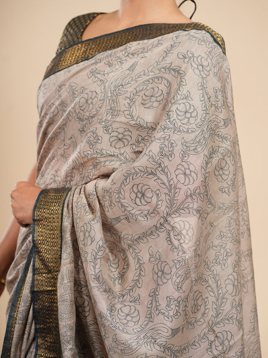 Vegan Silk Kalamkari saree styled view – Koshnika