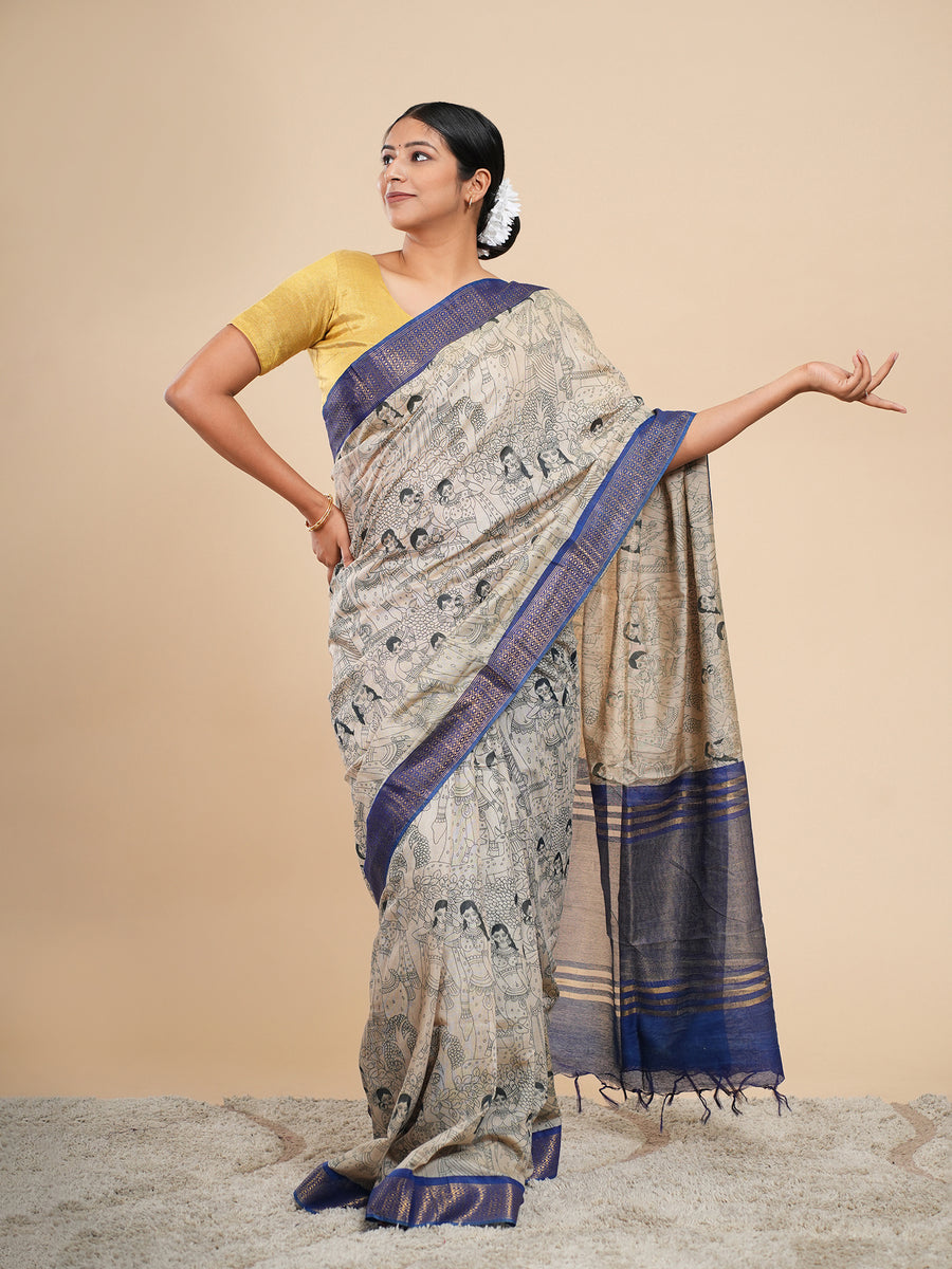 Beige and blue Vegan Silk pencil Kalamkari-print saree – Koshnika
