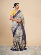 Neelrekha Pencil Kalamkari Saree Beige Blue