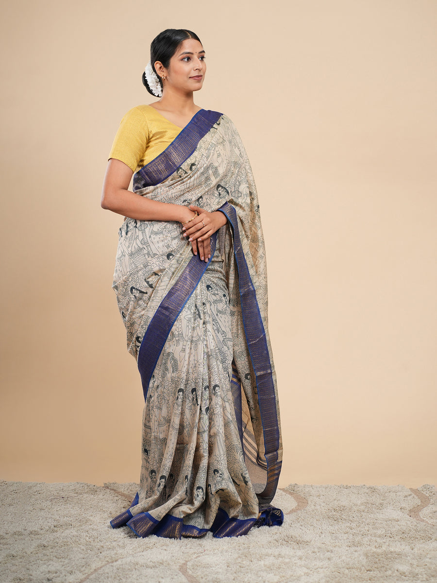 Beige and blue Vegan Silk pencil Kalamkari-print saree, border detail – Koshnika