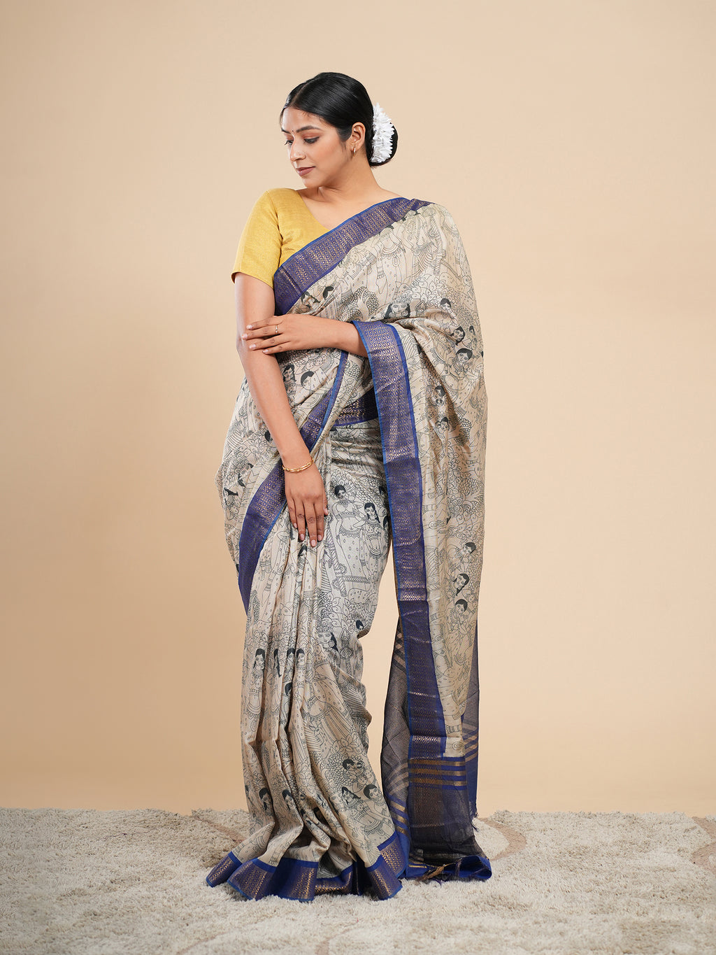 Neelrekha Pencil Kalamkari Saree Beige Blue