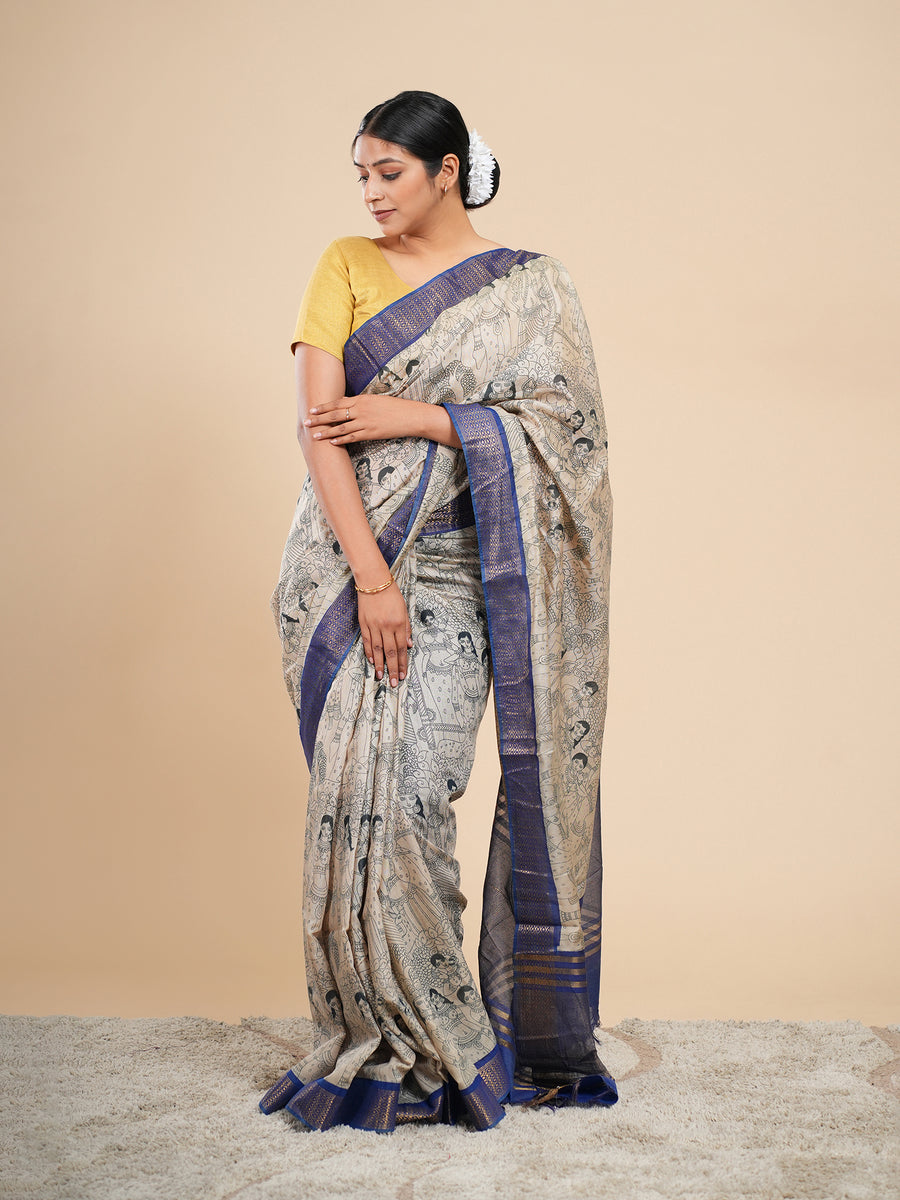 Beige and blue Vegan Silk pencil Kalamkari-print saree, drape and fall – Koshnika