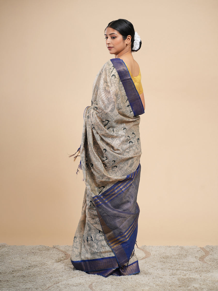 Beige and blue Vegan Silk pencil Kalamkari-print saree, fine line-art motif close-up – Koshnika