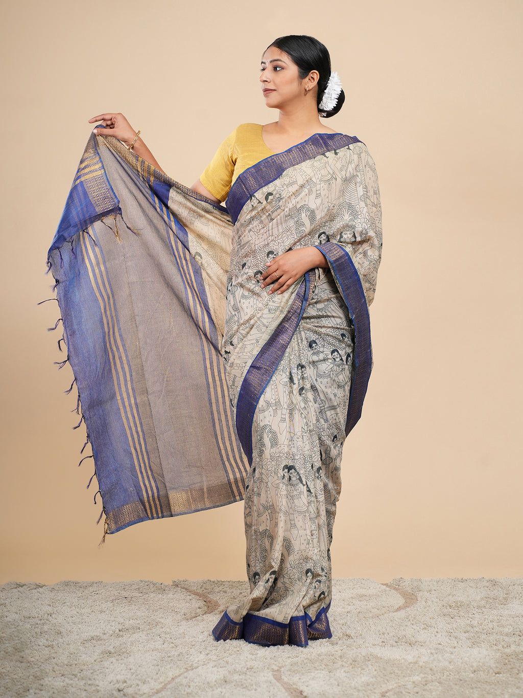 Neelrekha Pencil Kalamkari Saree Beige Blue