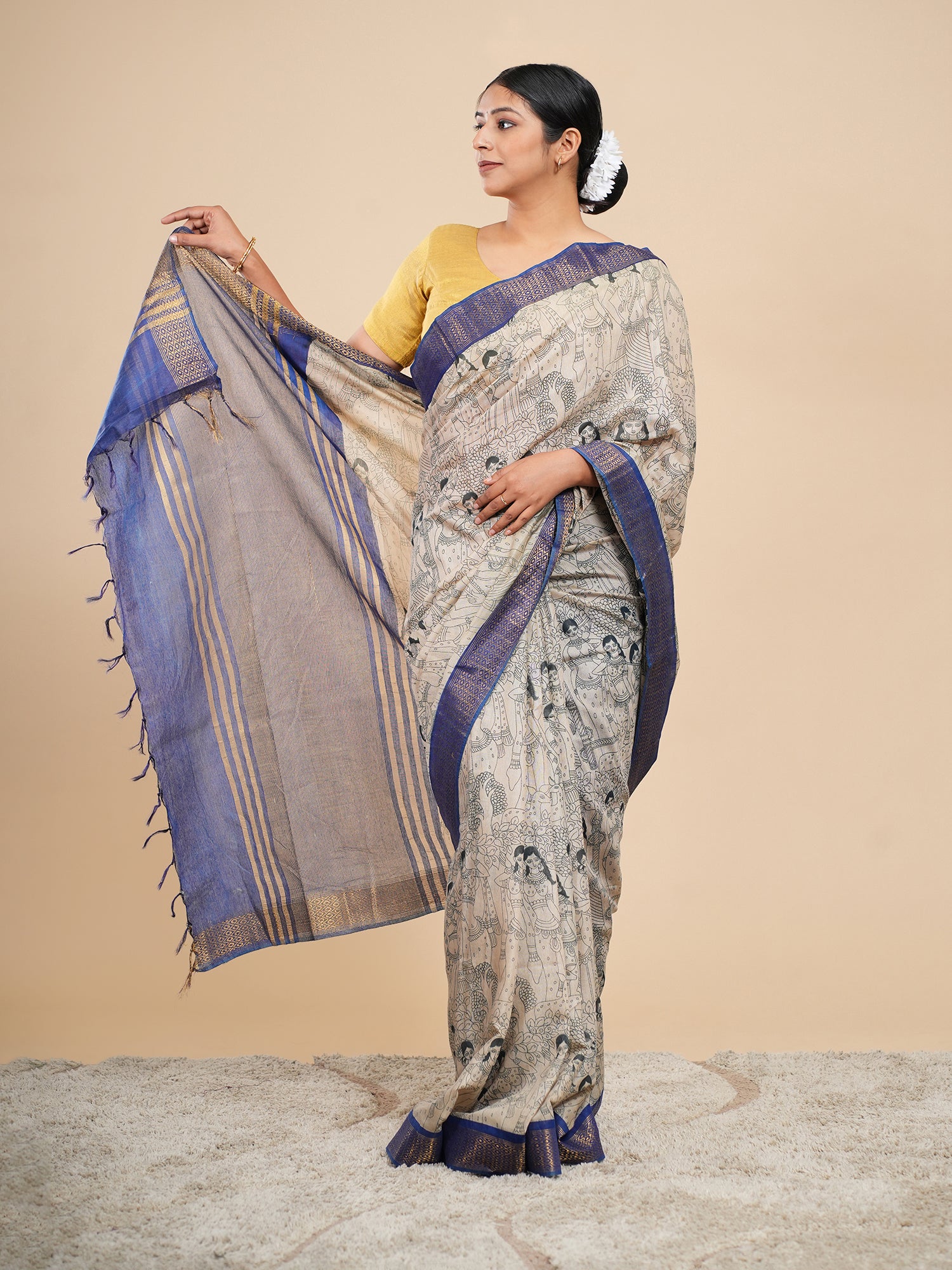 Neelrekha Pencil Kalamkari Saree Beige Blue