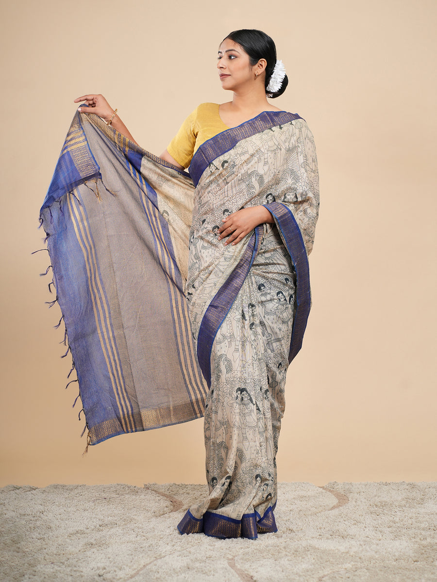 Beige and blue Vegan Silk pencil Kalamkari-print saree, full-length drape – Koshnika