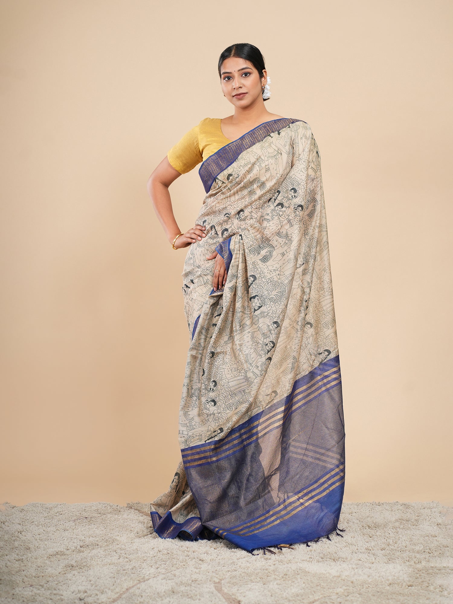 Neelrekha Pencil Kalamkari Saree Beige Blue