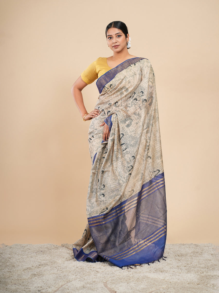 Beige and blue Vegan Silk pencil Kalamkari-print saree, pallu detail – Koshnika