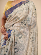 Neelrekha Pencil Kalamkari Saree Beige Blue