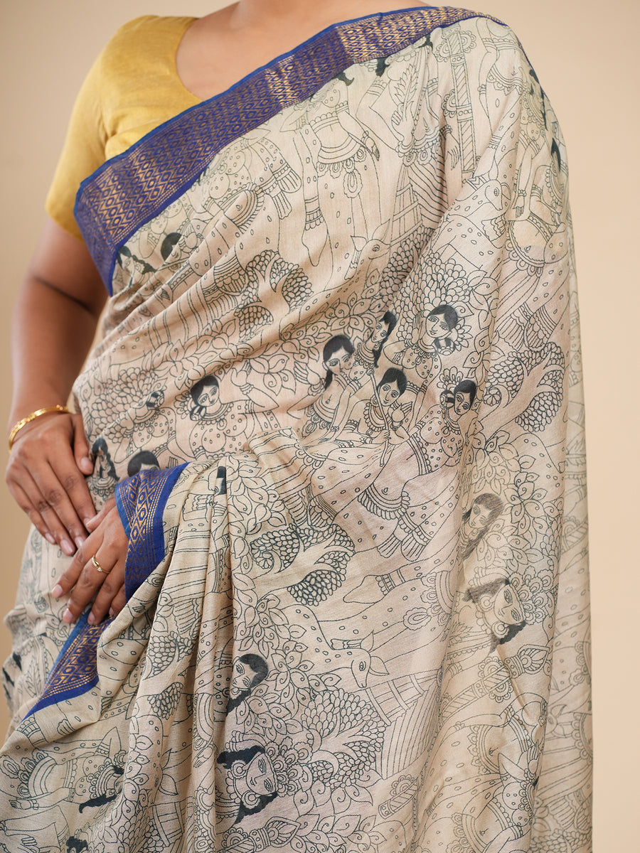 Beige and blue Vegan Silk pencil Kalamkari-print saree, styled view – Koshnika