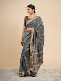 Charcoal Grey Viscose Chanderi Blockprint Saree