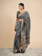 Charcoal Grey Viscose Chanderi Blockprint Saree