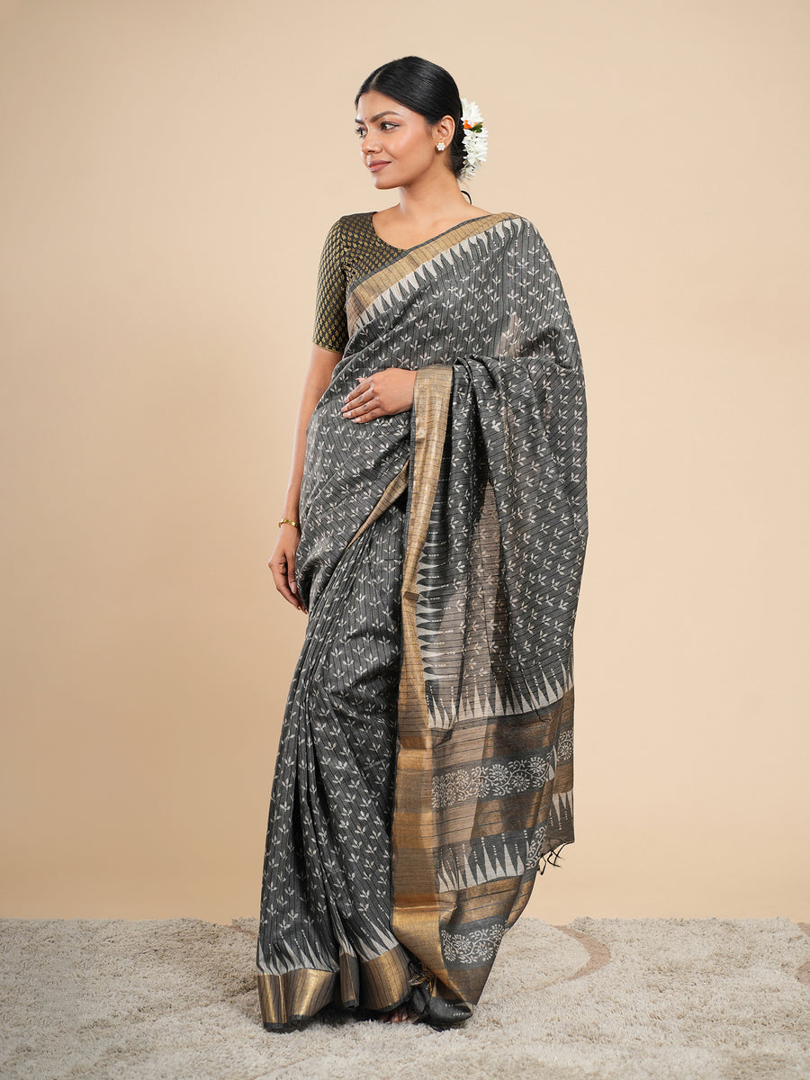 Charcoal grey Chanderi block-print saree, antique gold border – Koshnika
