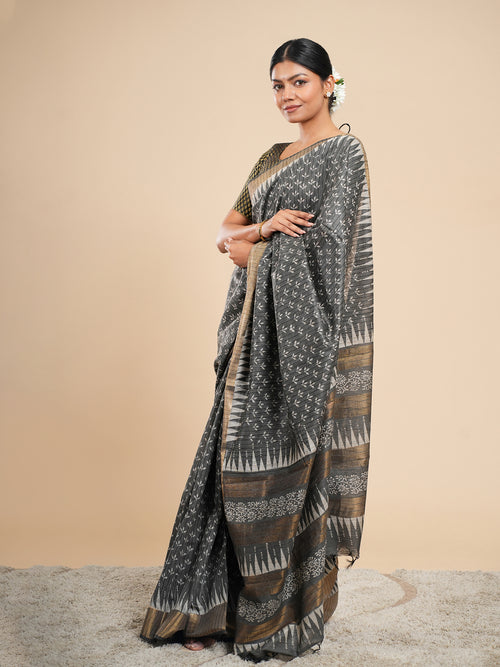 Charcoal Grey Viscose Chanderi Blockprint Saree