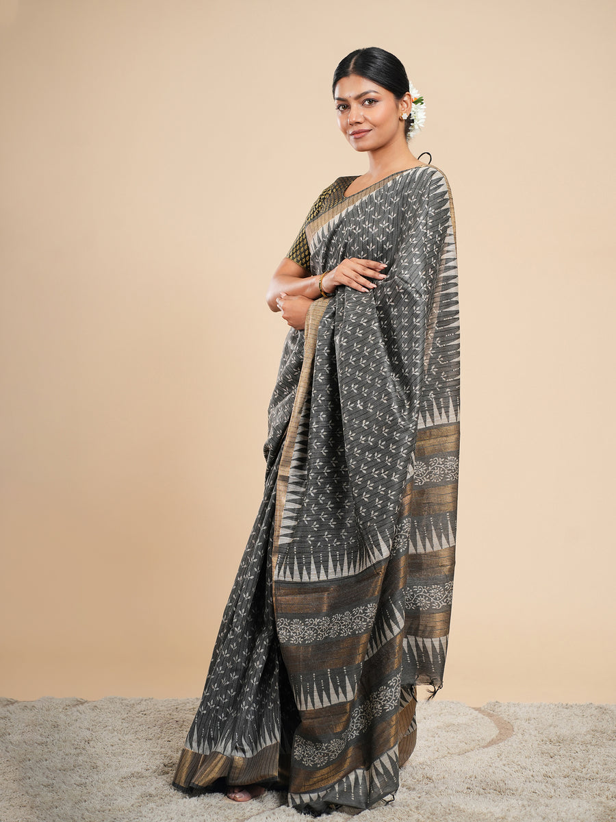 Charcoal grey Chanderi block-print saree, border detail – Koshnika