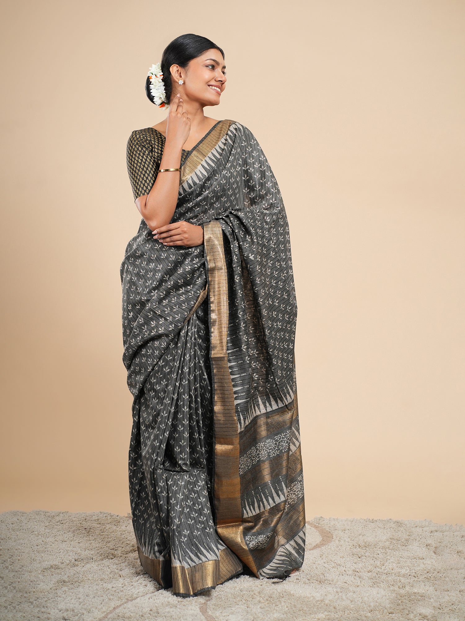 Charcoal Grey Viscose Chanderi Blockprint Saree