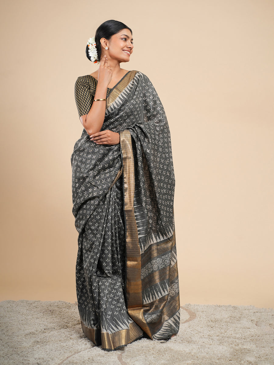 Charcoal grey Chanderi block-print saree, drape and fall – Koshnika