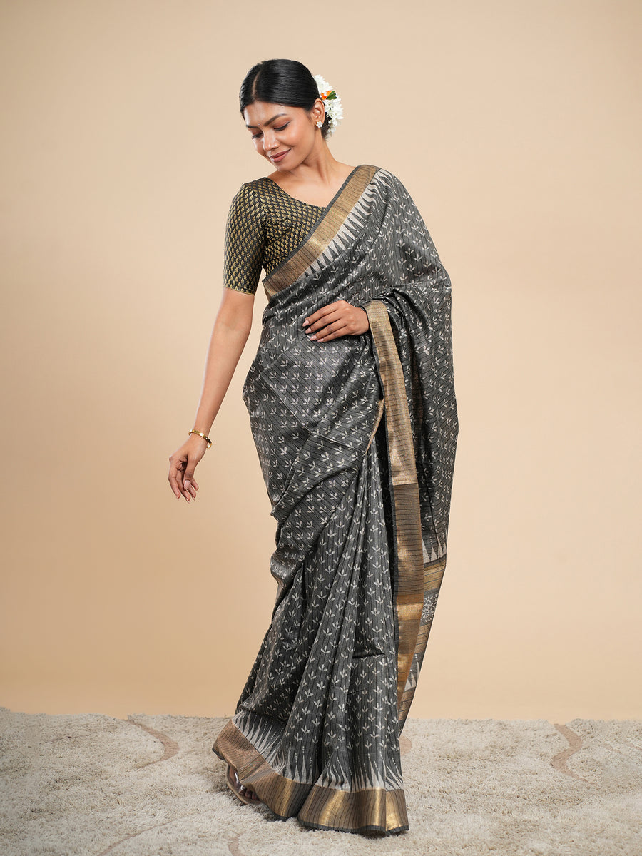 Charcoal grey Chanderi block-print saree, block motif close-up – Koshnika