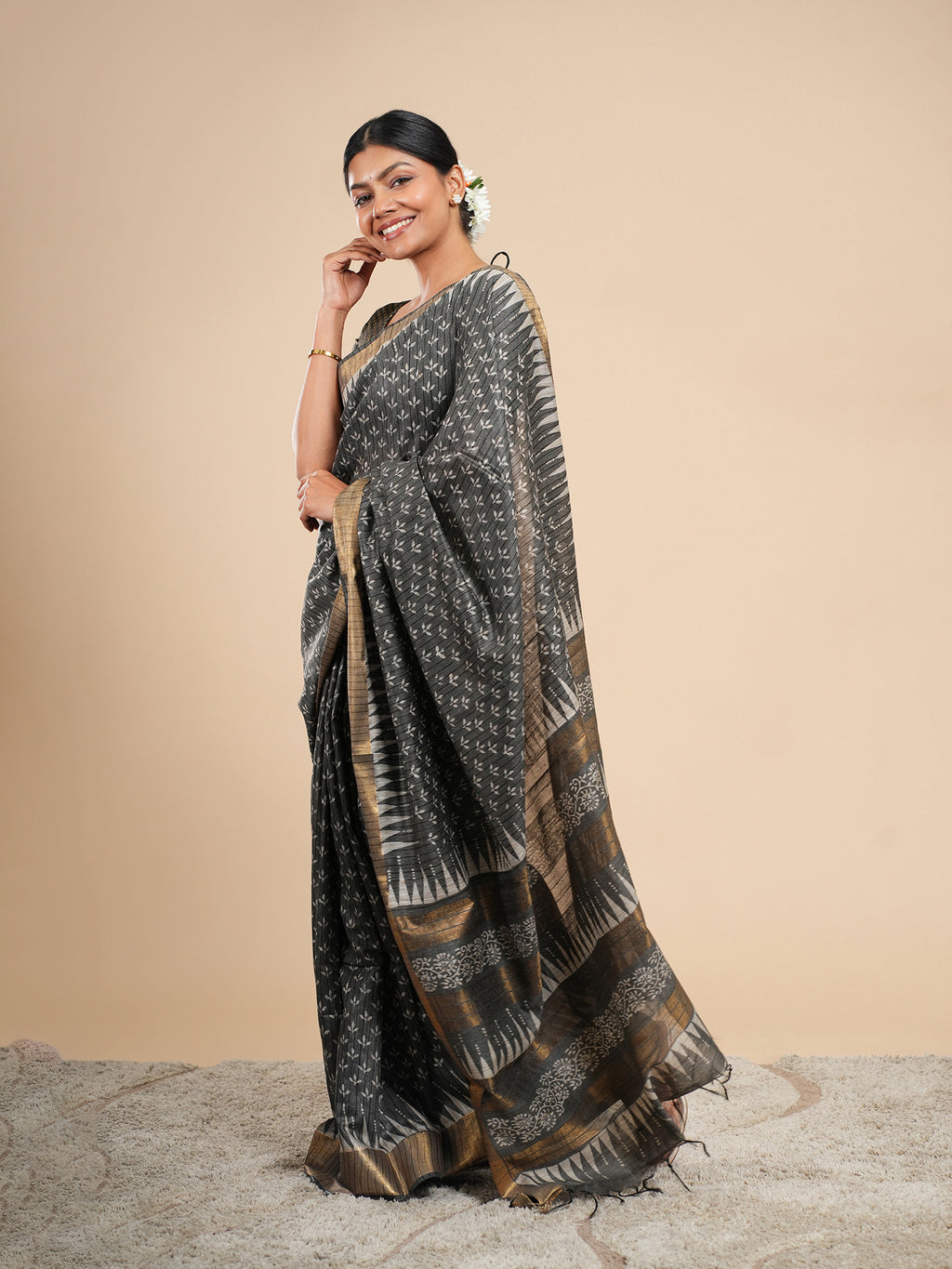 Charcoal Grey Viscose Chanderi Blockprint Saree