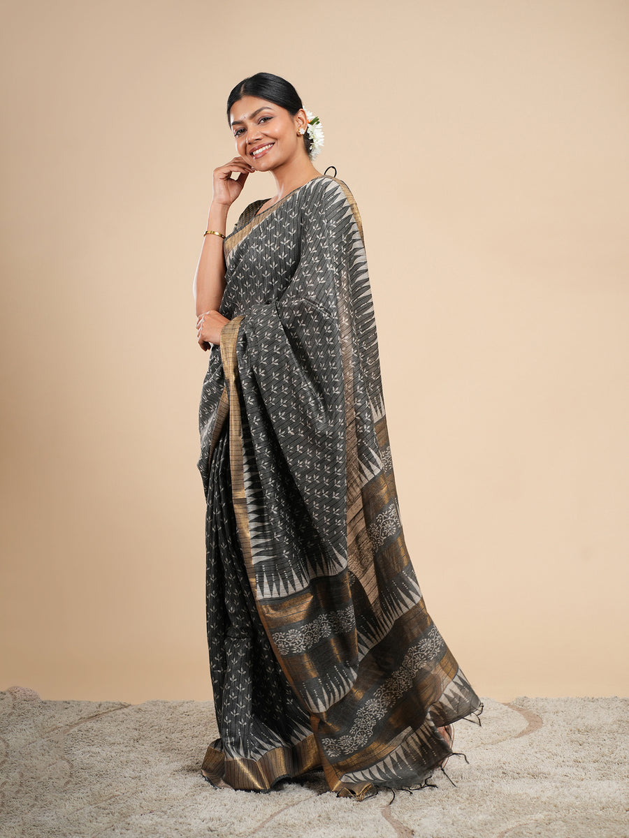 Charcoal grey Chanderi block-print saree, full-length drape – Koshnika
