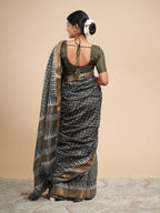 Charcoal Grey Viscose Chanderi Blockprint Saree