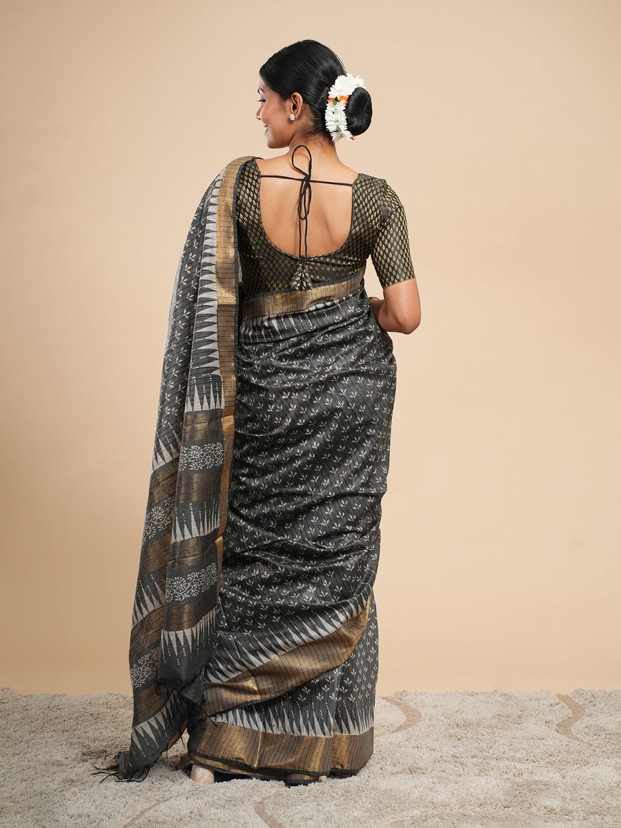 Charcoal grey Chanderi block-print saree, pallu detail – Koshnika