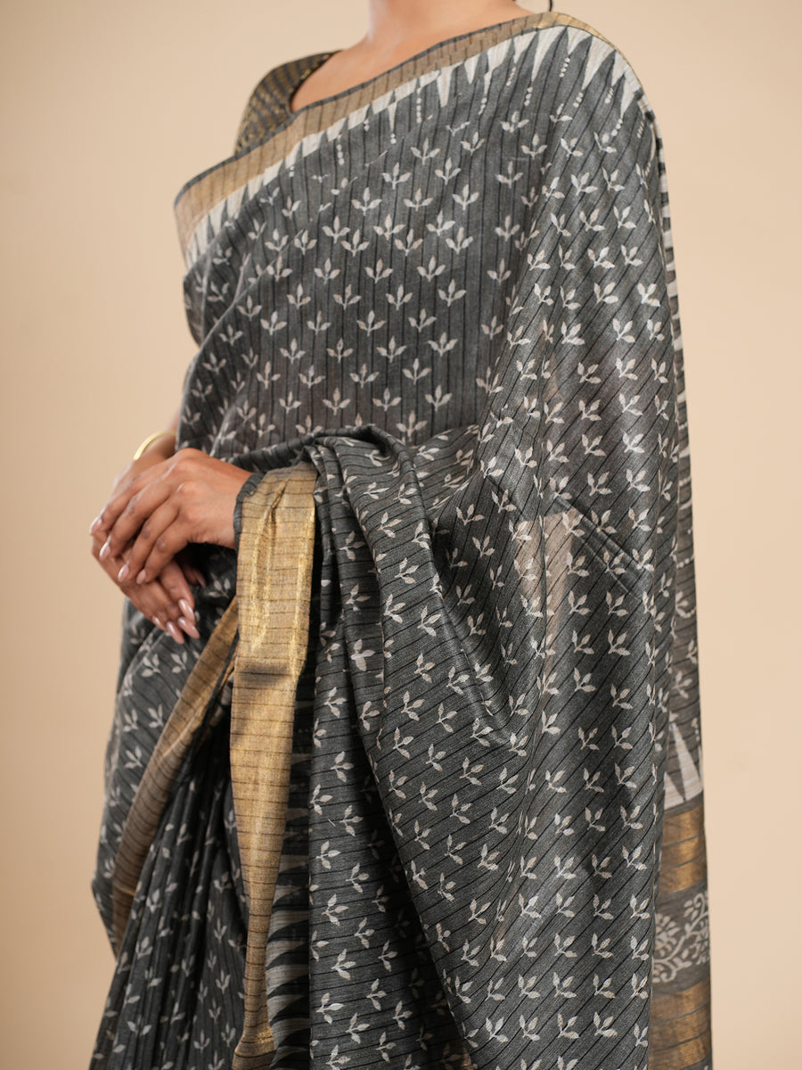 Charcoal grey Chanderi block-print saree, fabric texture close-up – Koshnika