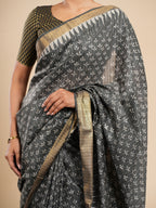 Charcoal Grey Viscose Chanderi Blockprint Saree