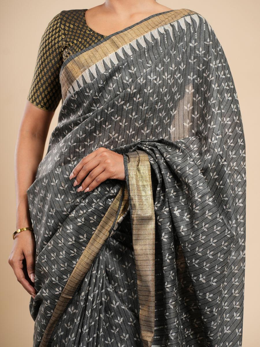 Charcoal grey Chanderi block-print saree, styled view – Koshnika