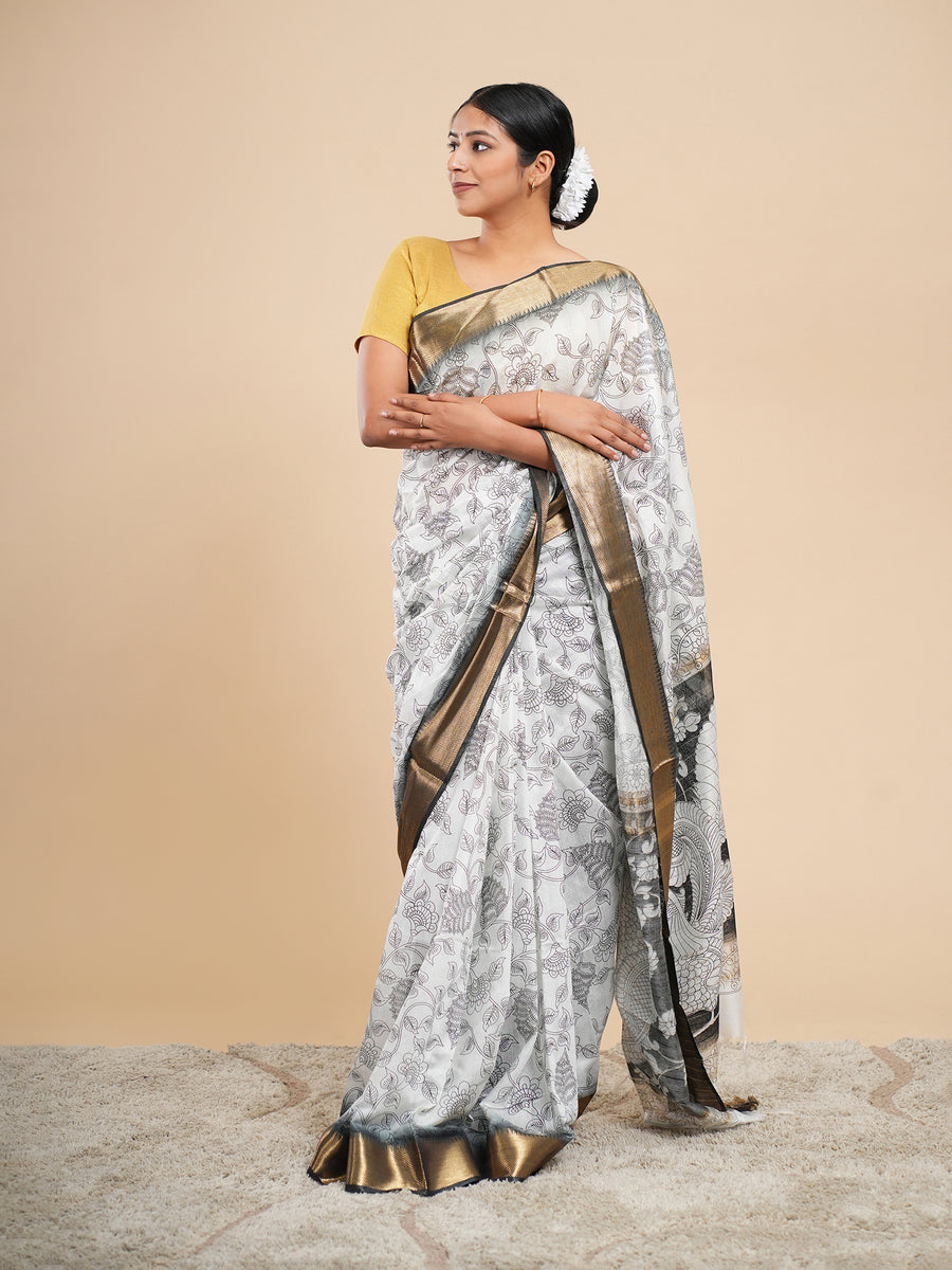 White Vegan Silk pencil Kalamkari-print saree – Koshnika